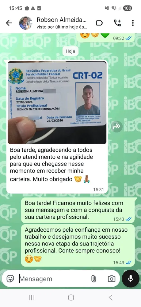 Mensagem de aluno agradecendo ao IBQP pela certificação (dados pessoais desfocados)